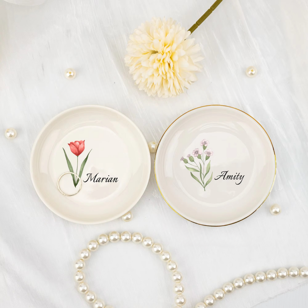 Wedding Ring Bowl with Flowers and Personalised I'm Getting Married.