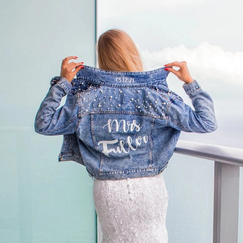 Personalised Pearl Denim Jacket I'm Getting Married.