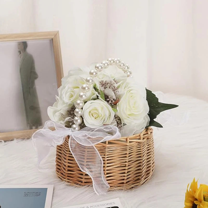 Wicker Rattan Flower Child Basket with Pearl Handle I'm Getting Married.