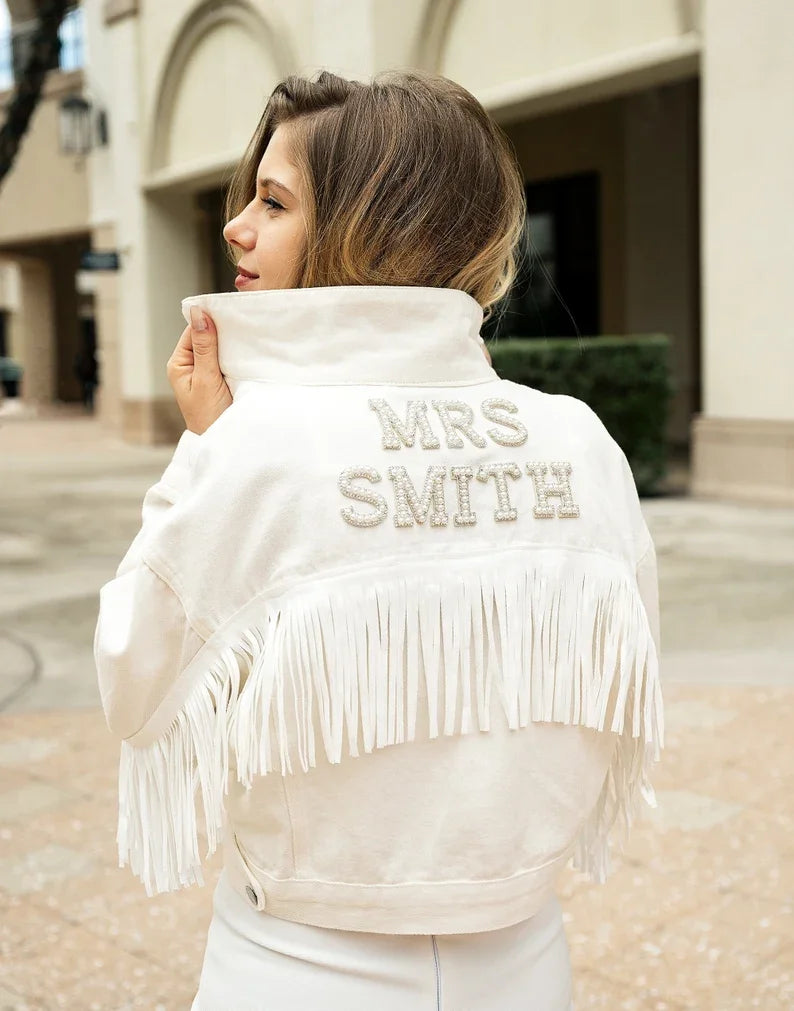 Personalised White Fringe Denim Jacket I'm Getting Married.