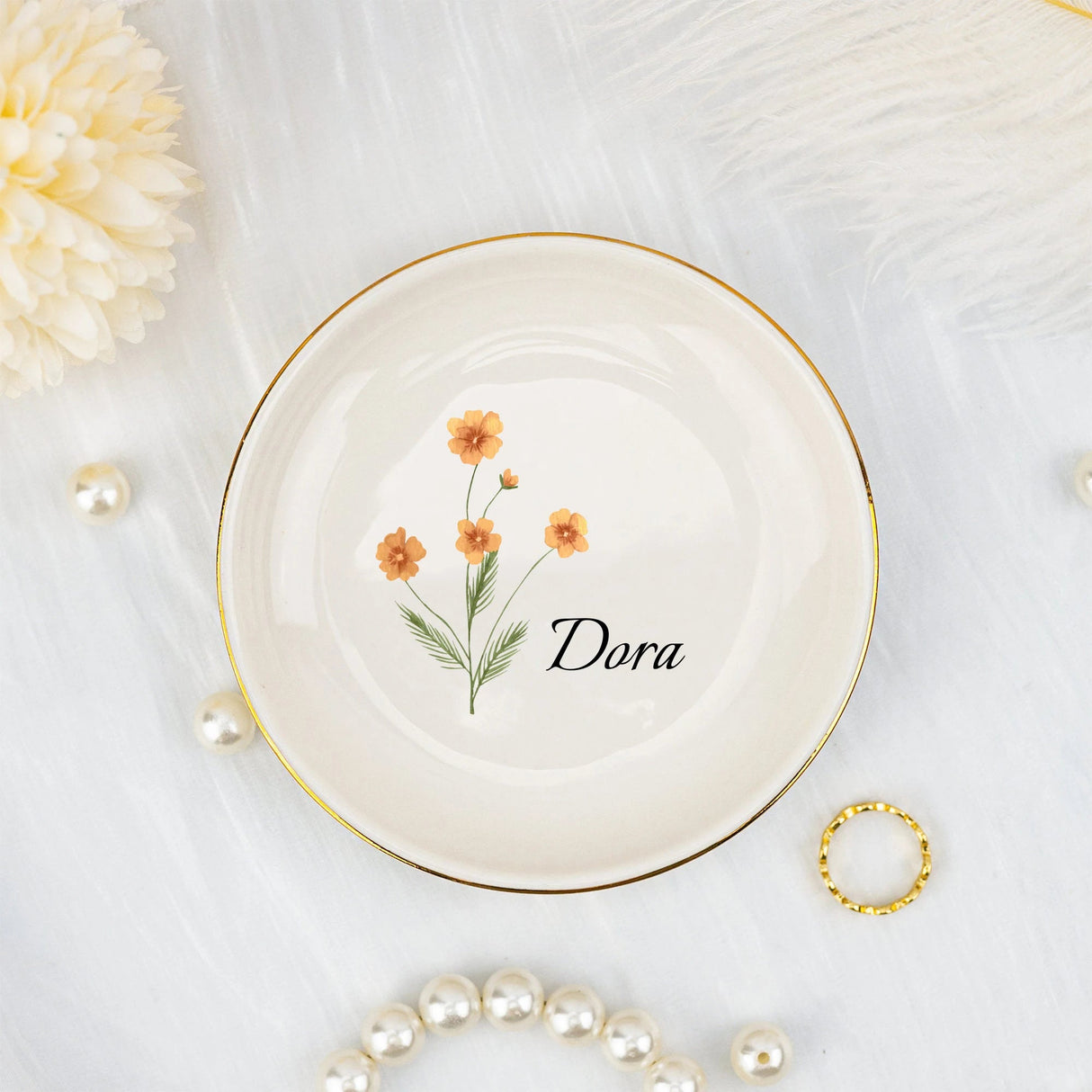 Wedding Ring Bowl with Flowers and Personalised I'm Getting Married.