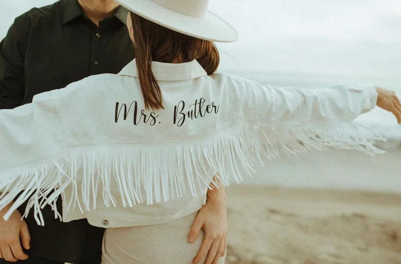 Personalised White Fringe Crop Denim Jacket I'm Getting Married.