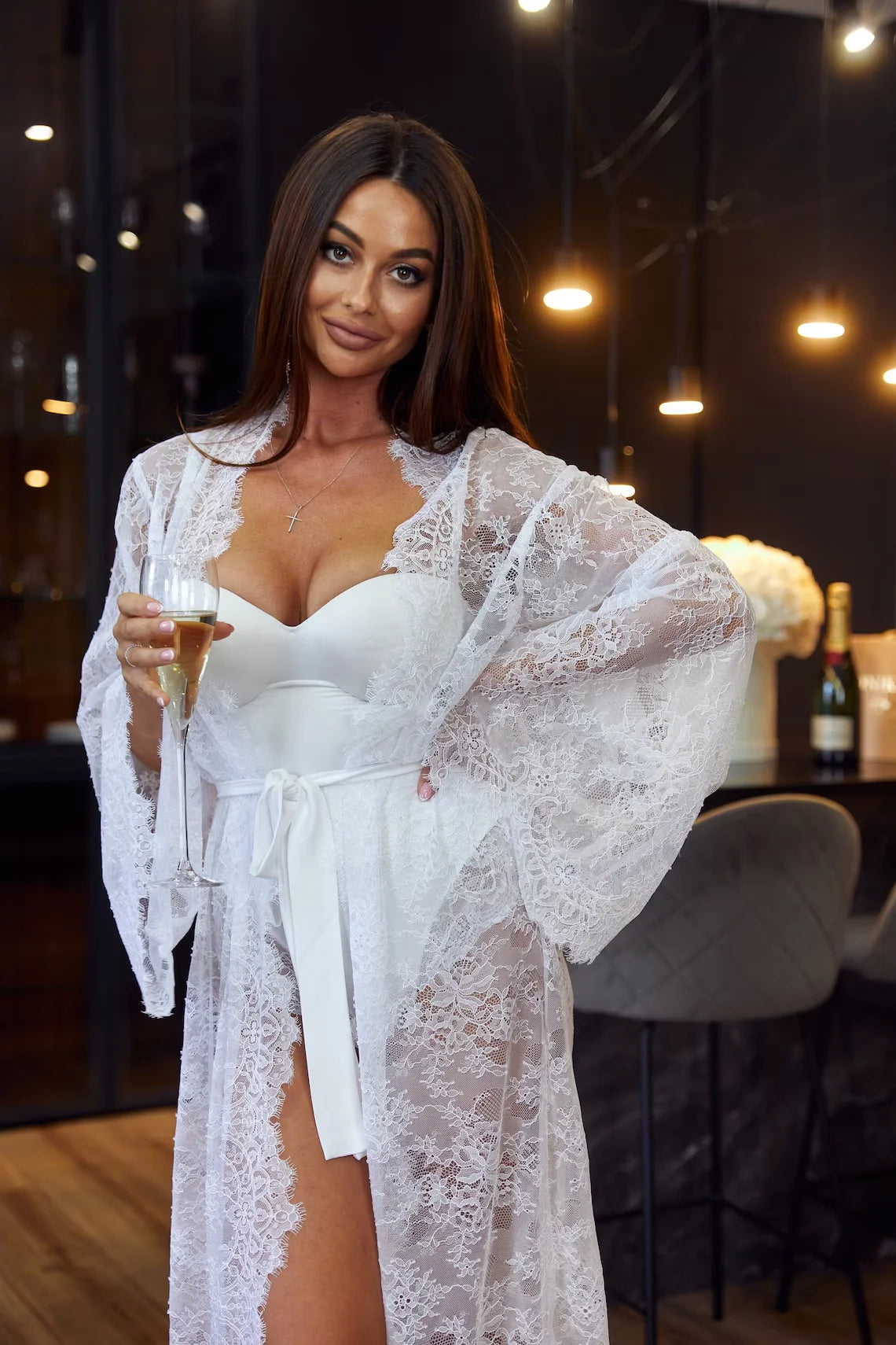 Luxury Bridal Lace Sleeve Robe – Long White Silk Dressing Gown I'm Getting Married.