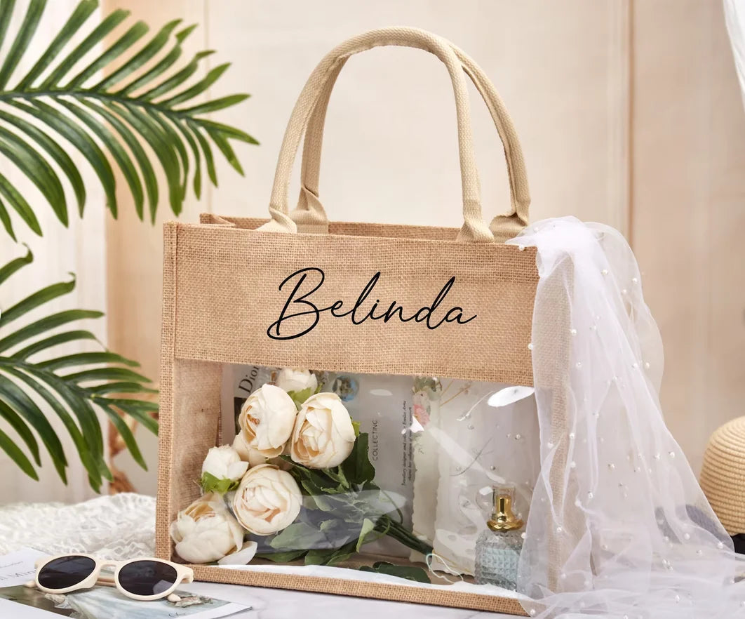 Personalised Burlap Bridesmaid Beach Tote Bag I'm Getting Married.