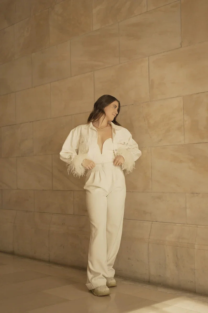 Personalised White Feather Bridal Denim Jacket I'm Getting Married.