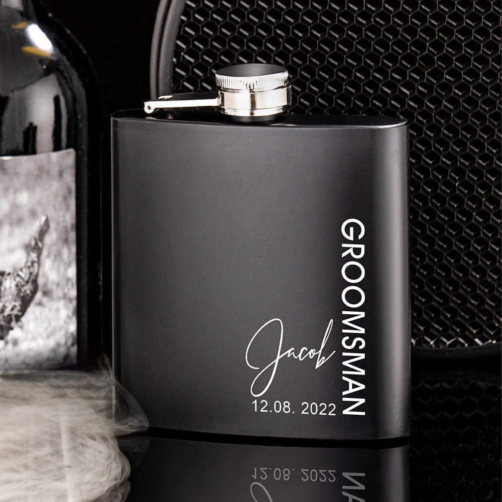 Personalised Groomsmen Black Hip Flask Set I'm Getting Married.