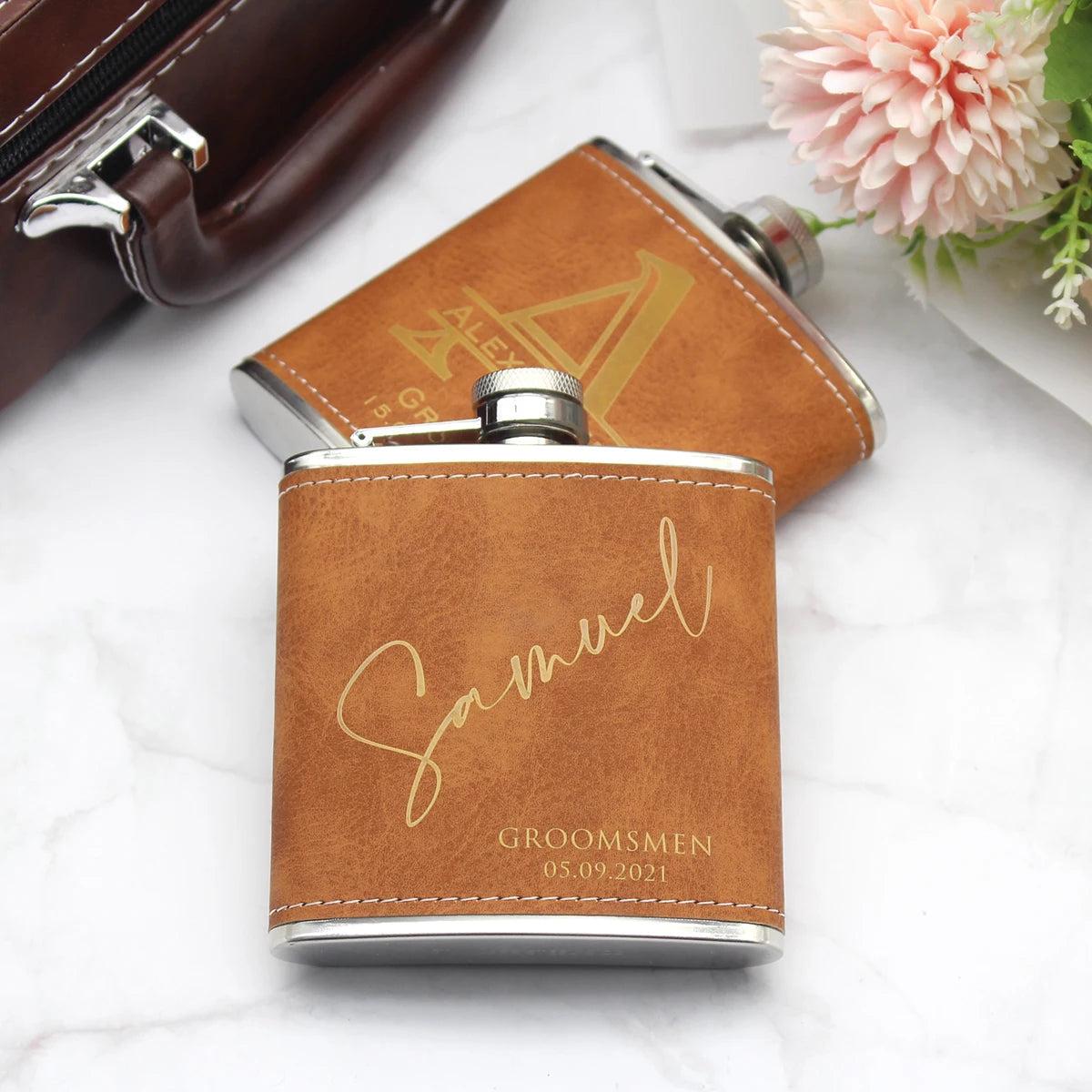 Personalised Groomsmen Leather Hip Flask Set I'm Getting Married.