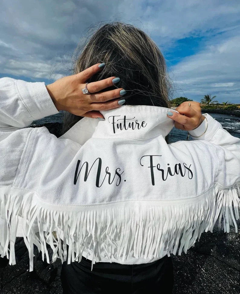 Personalised White Fringe Crop Denim Jacket I'm Getting Married.