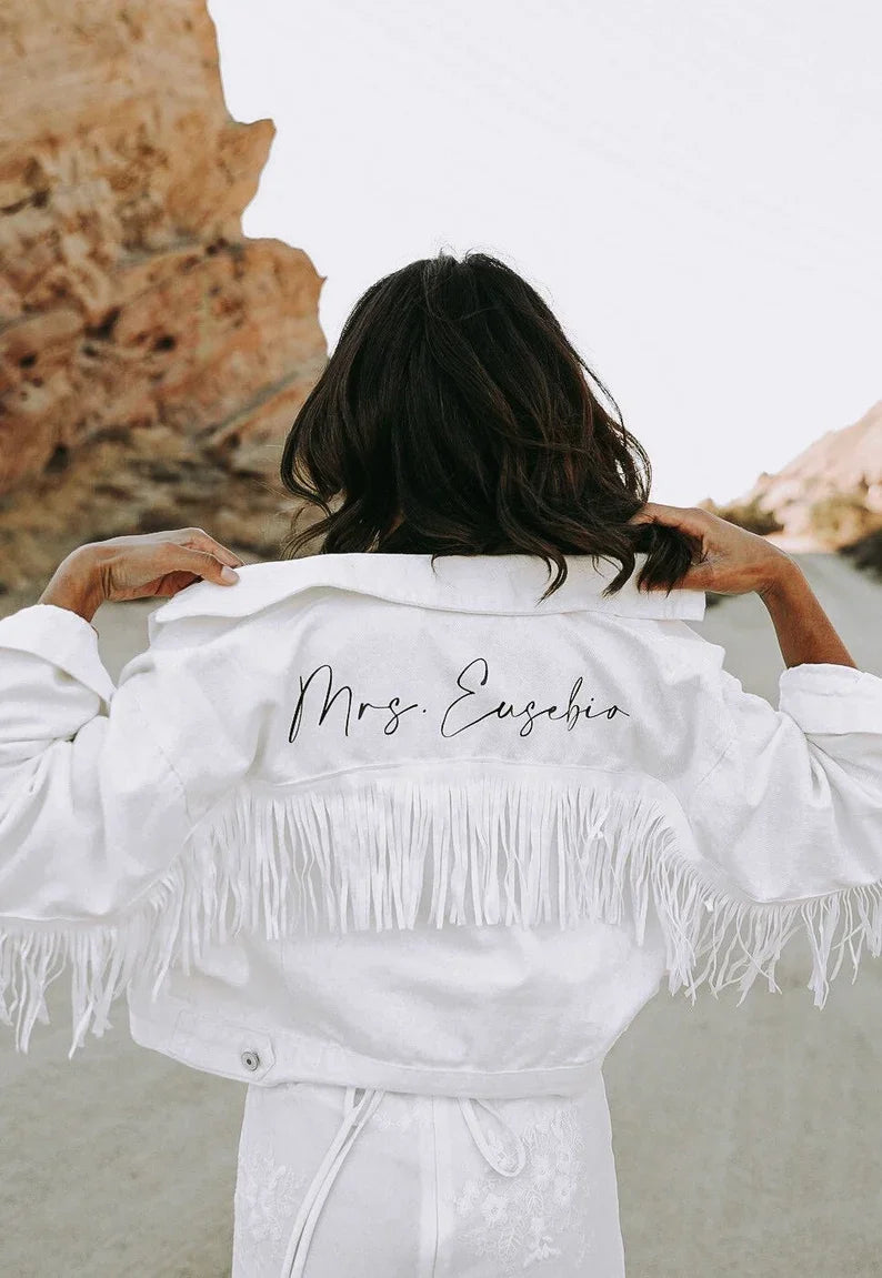 Personalised White Fringe Crop Denim Jacket I'm Getting Married.