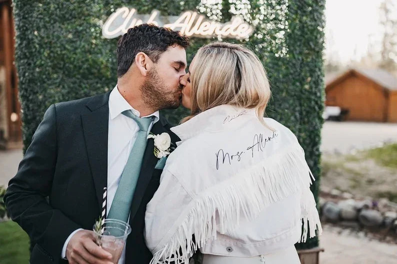 Personalised White Fringe Crop Denim Jacket I'm Getting Married.