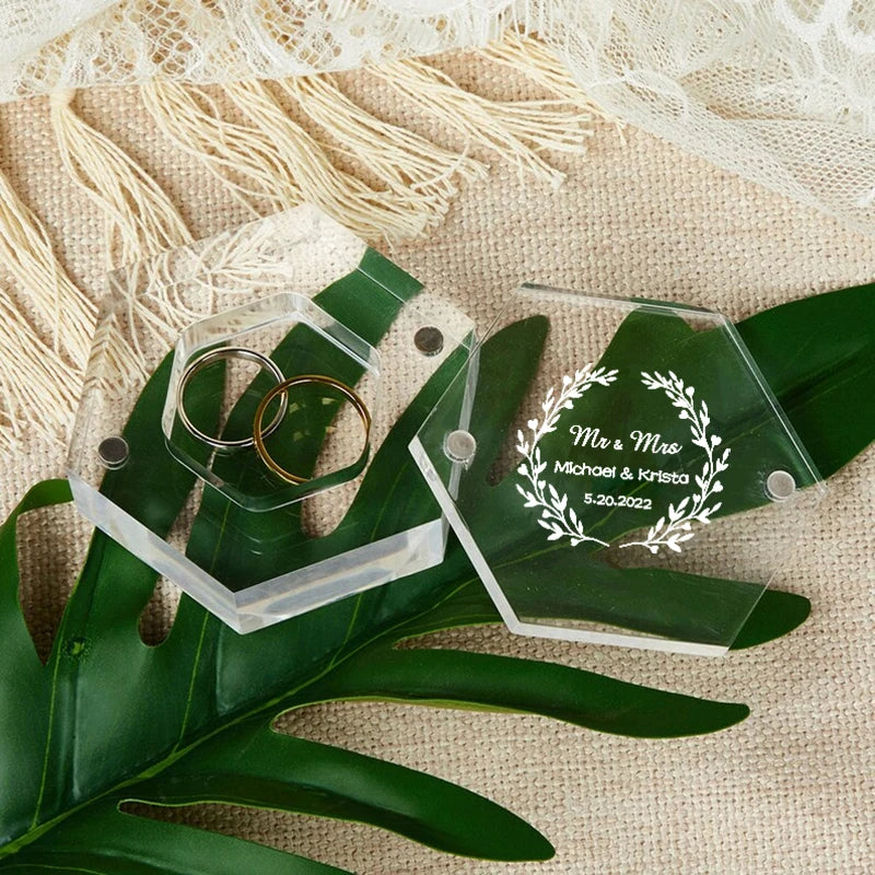 Personalised Clear Acrylic Hexagon Wedding Ring Box I'm Getting Married.