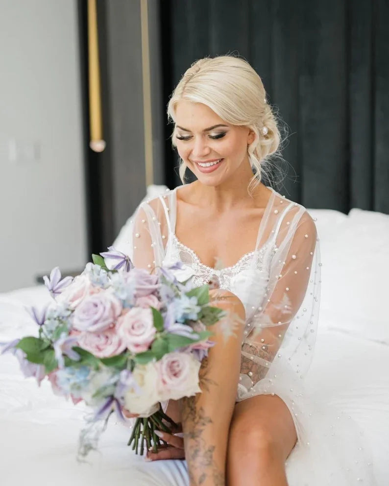 White Boudoir Pearl Robe Long Silk Robe for Wedding Day I'm Getting Married.