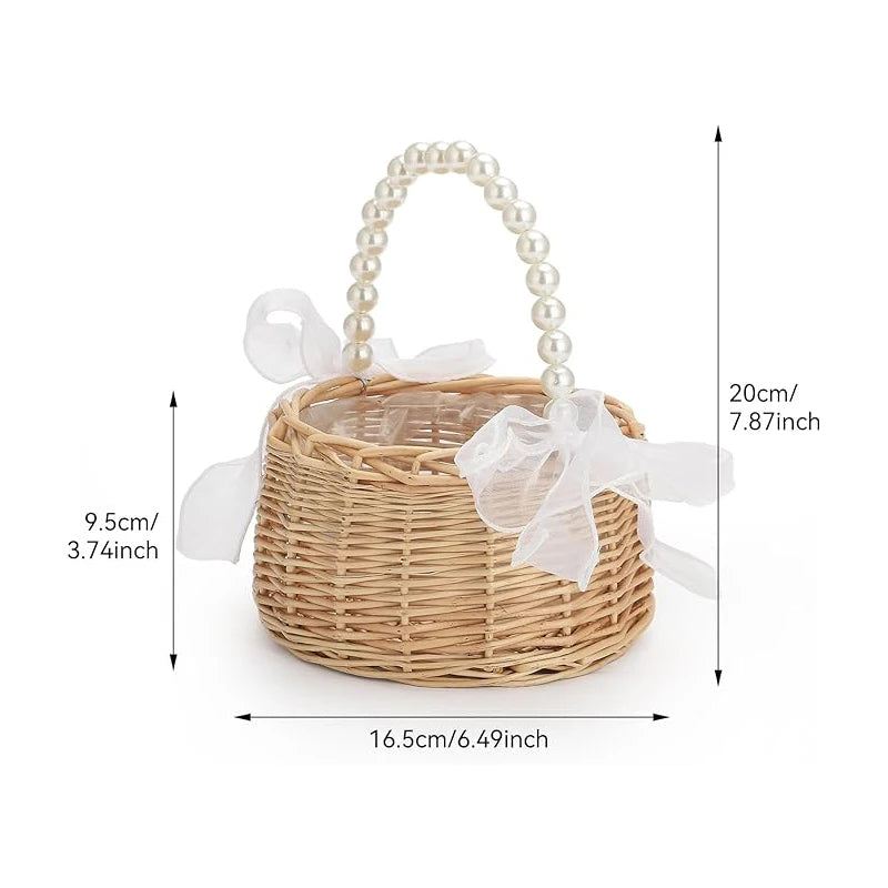 Wicker Rattan Flower Child Basket with Pearl Handle I'm Getting Married.