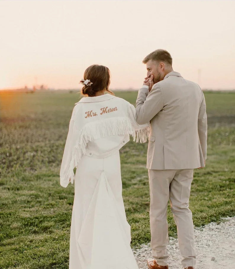 Personalised White Fringe Crop Denim Jacket I'm Getting Married.