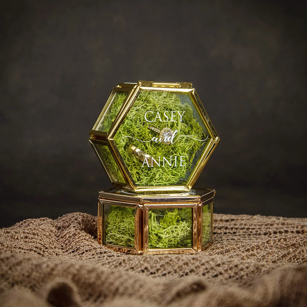 Personalised Glass Hexagon Bridal Ring Box I'm Getting Married.
