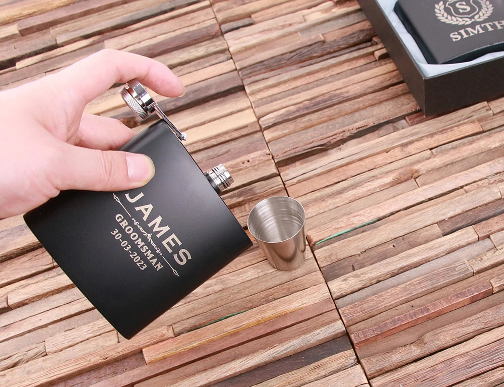 Personalised Groomsmen Black Hip Flask Set I'm Getting Married.