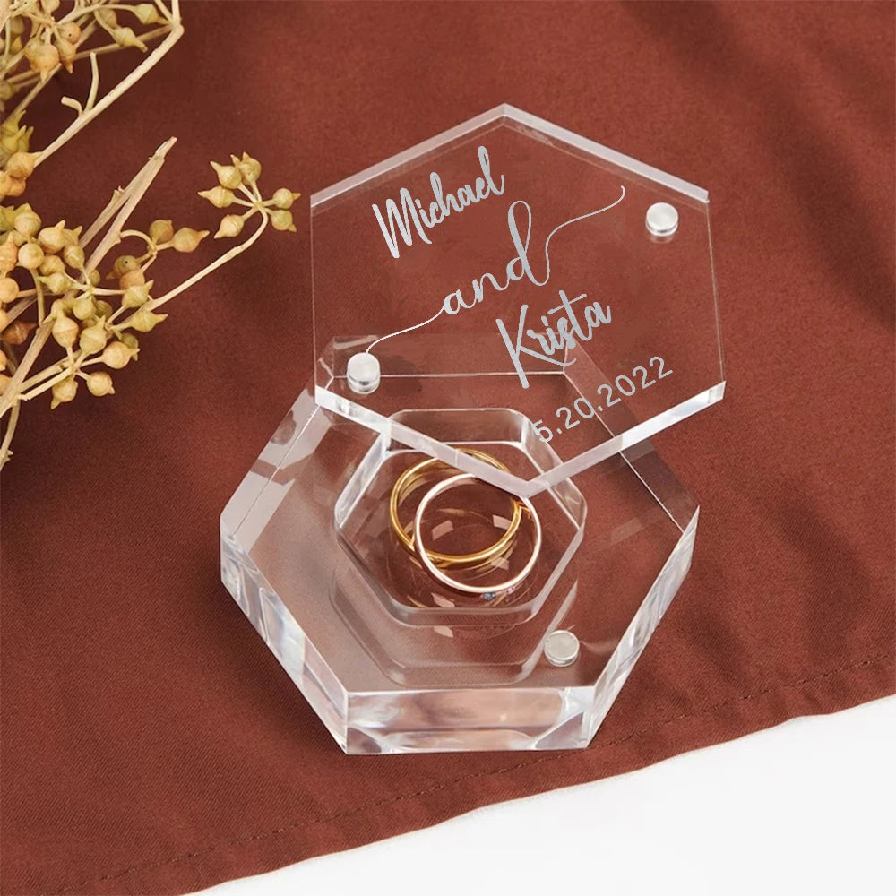 Personalised Clear Acrylic Hexagon Wedding Ring Box I'm Getting Married.