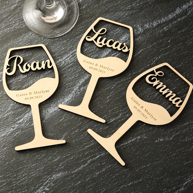 Personalised Wooden Wine Glass Place Cards I'm Getting Married.