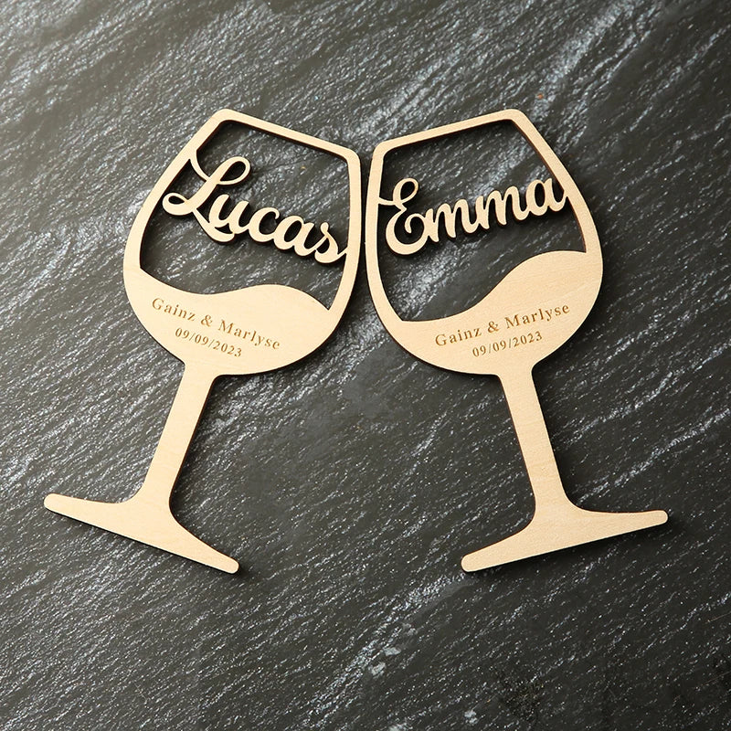 Personalised Wooden Wine Glass Place Cards I'm Getting Married.