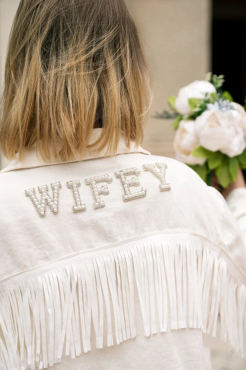 Personalised White Fringe Denim Jacket I'm Getting Married.