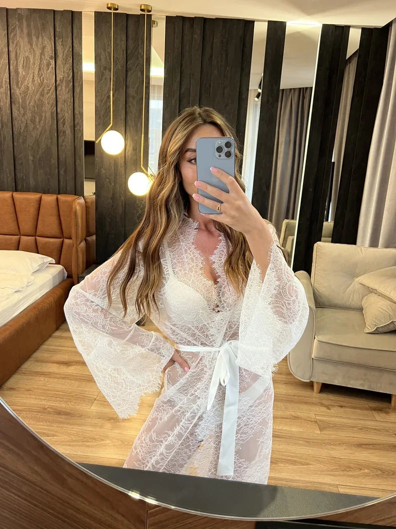 Luxury Bridal Lace Sleeve Robe – Long White Silk Dressing Gown I'm Getting Married.