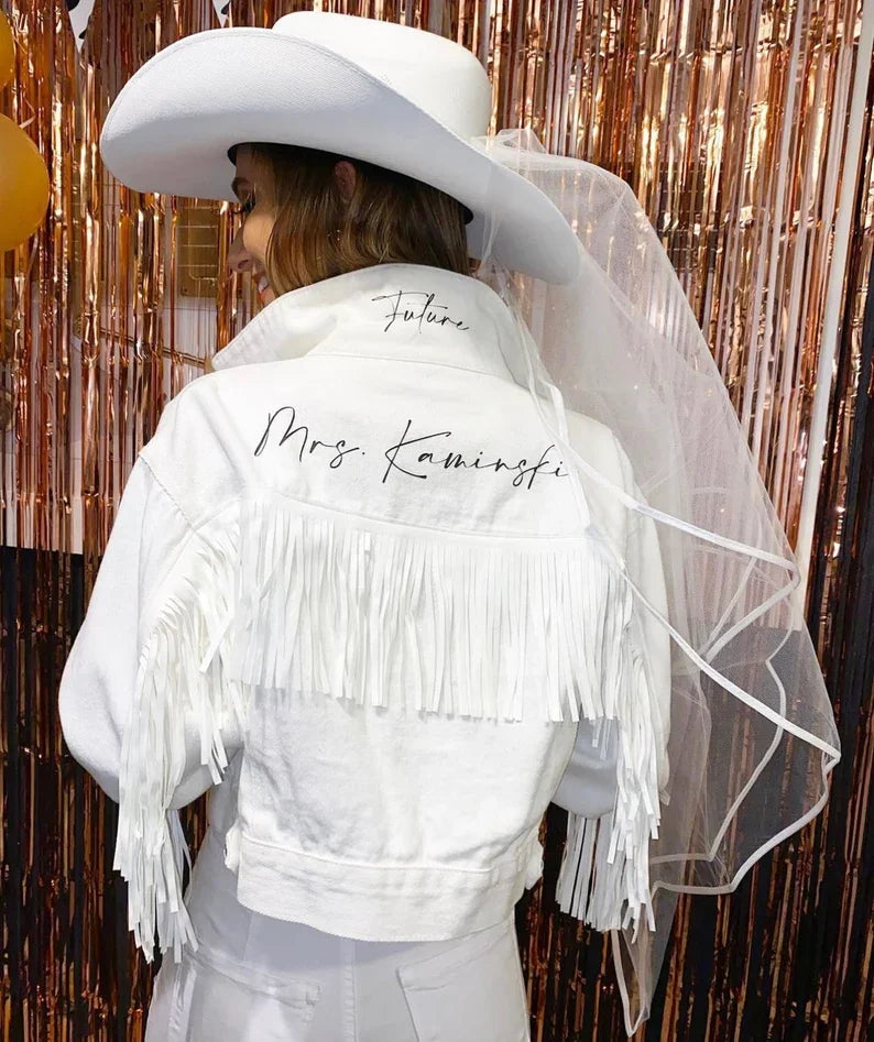 Personalised White Fringe Crop Denim Jacket I'm Getting Married.