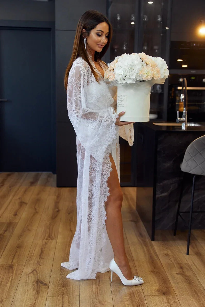Luxury Bridal Lace Sleeve Robe – Long White Silk Dressing Gown I'm Getting Married.