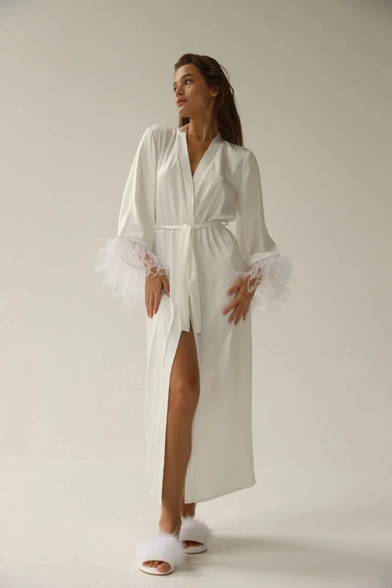 Feather Sleeve Sheer Lace Bride Wedding Robe I'm Getting Married.