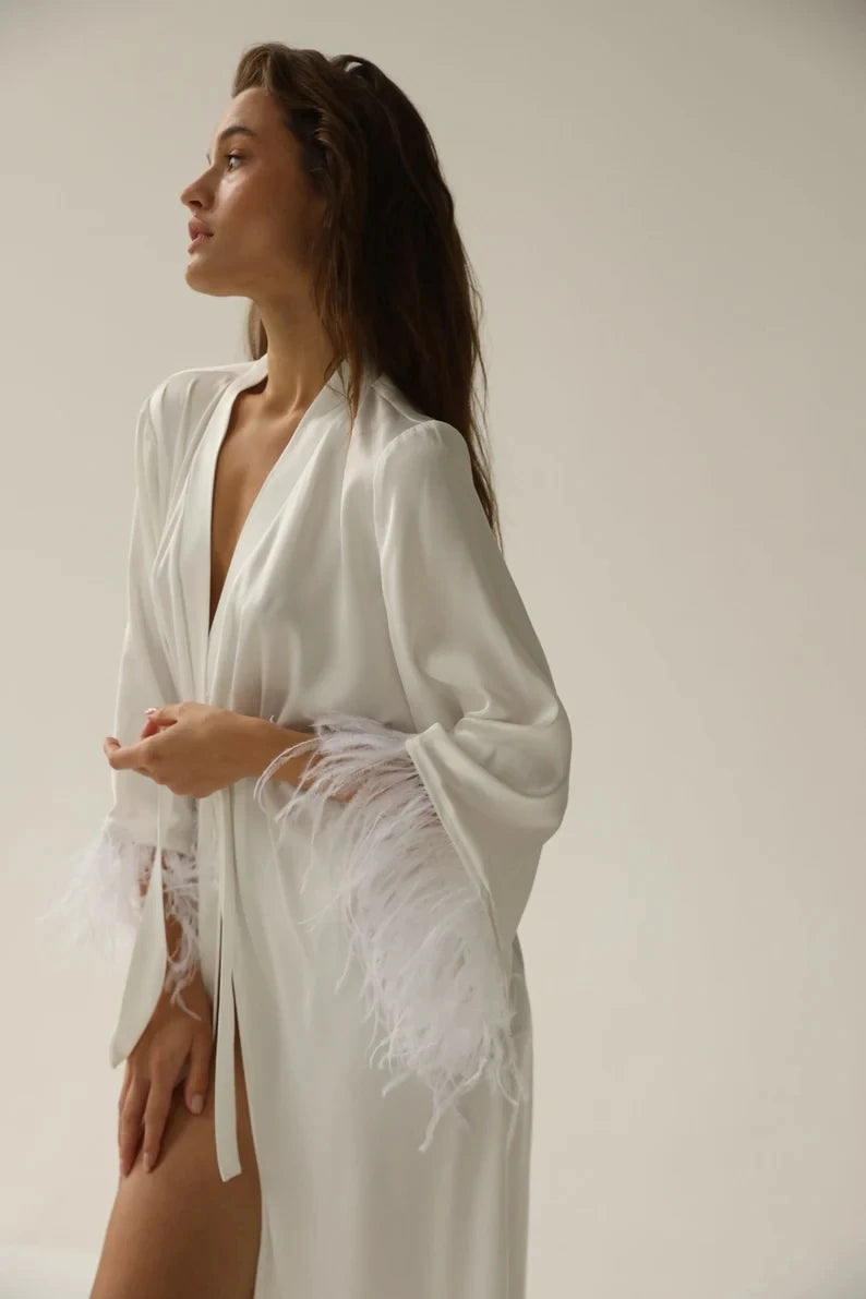 Feather Sleeve Sheer Lace Bride Wedding Robe I'm Getting Married.