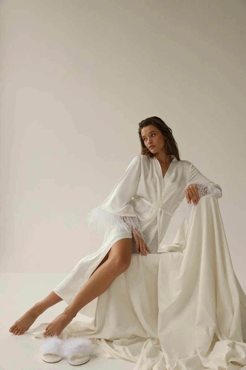 Feather Sleeve Sheer Lace Bride Wedding Robe I'm Getting Married.