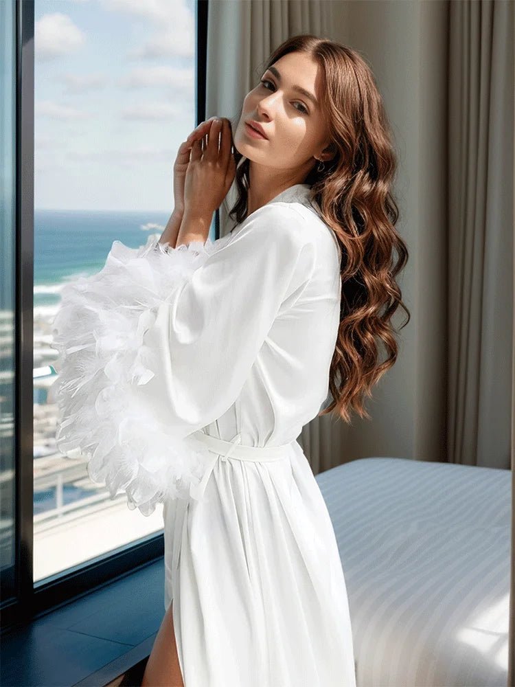 Elegant Wedding Day Bridal Robe with Feather Trim I'm Getting Married.