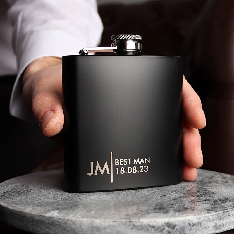 Personalised Groomsmen Black Hip Flask Set I'm Getting Married.