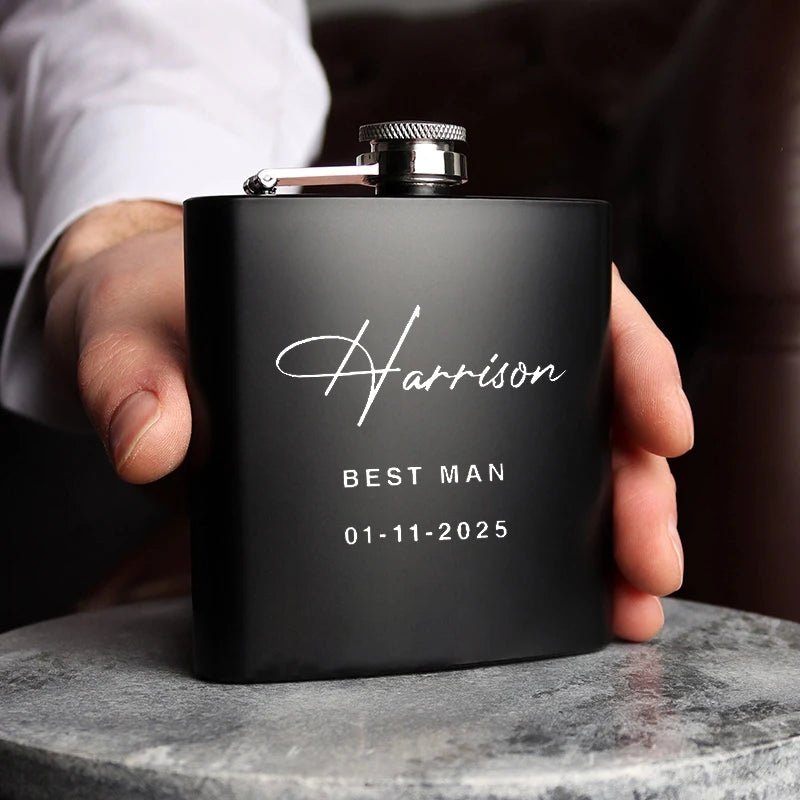 Engraved Best Men Black Hip Flask Set - I'm Getting Married