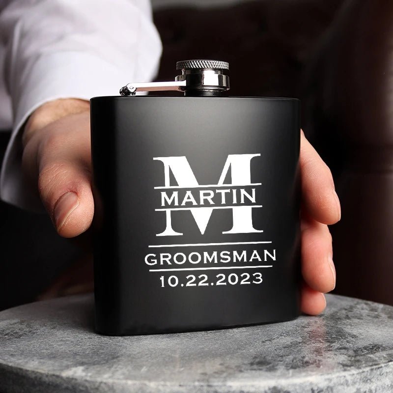 Personalised Groomsmen Black Hip Flask Set I'm Getting Married.