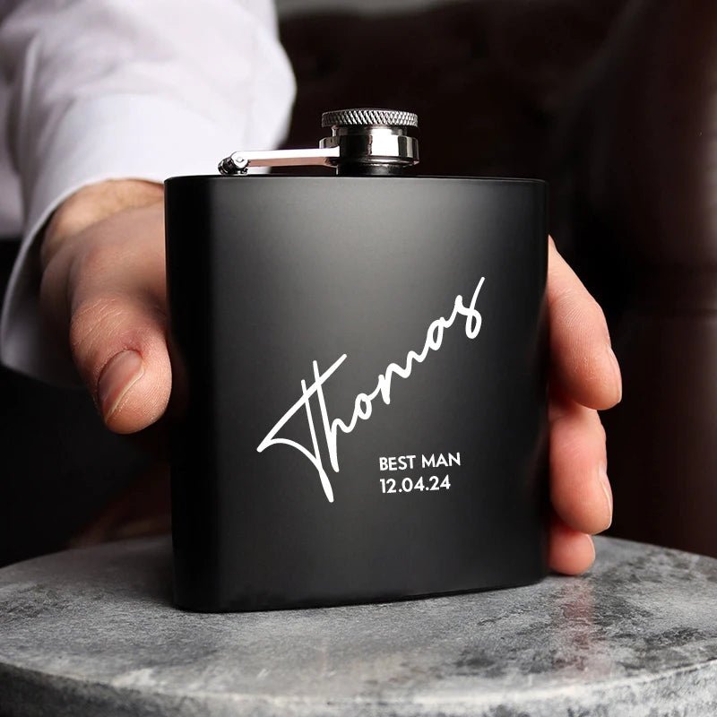 Engraved Best Men Black Hip Flask Set - I'm Getting Married