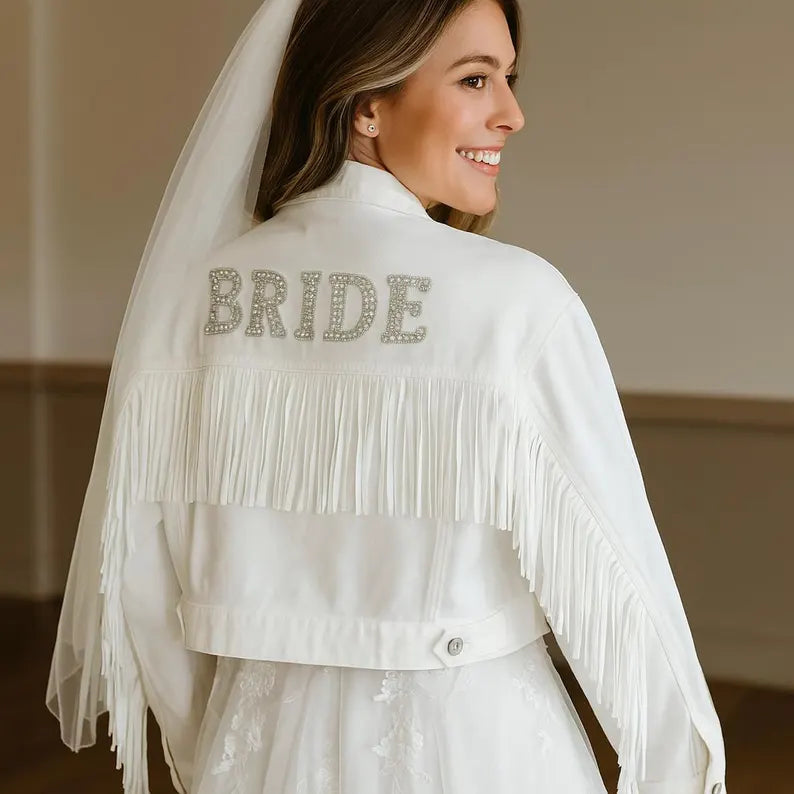 Personalised White Fringe Denim Jacket I'm Getting Married.