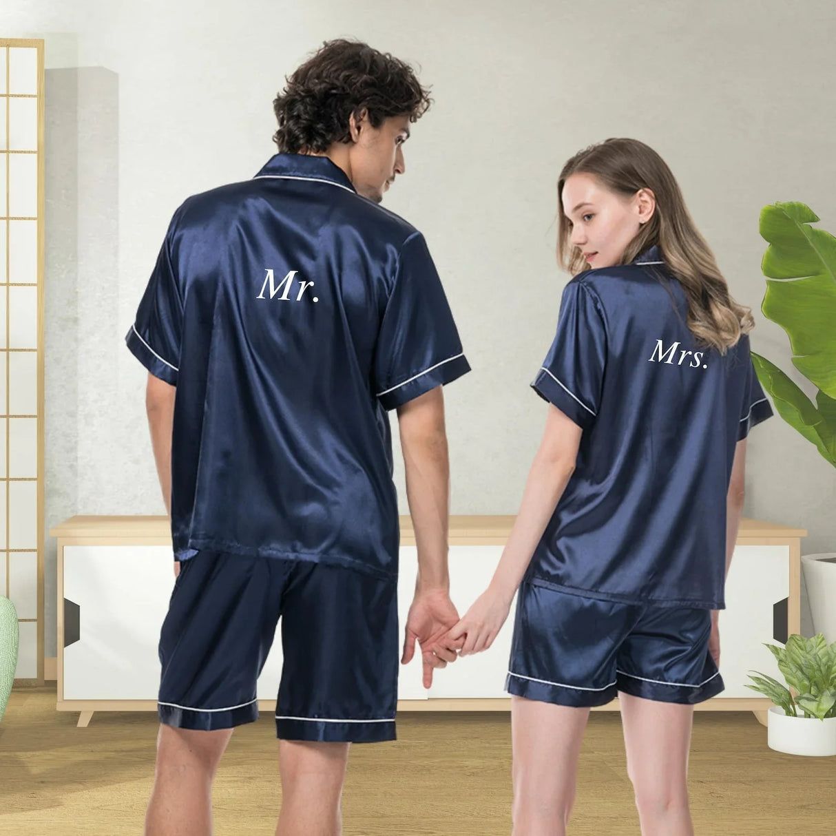 Men's Satin Pyjama Short Sleeve Set in Navy Blue or Black I'm Getting Married.
