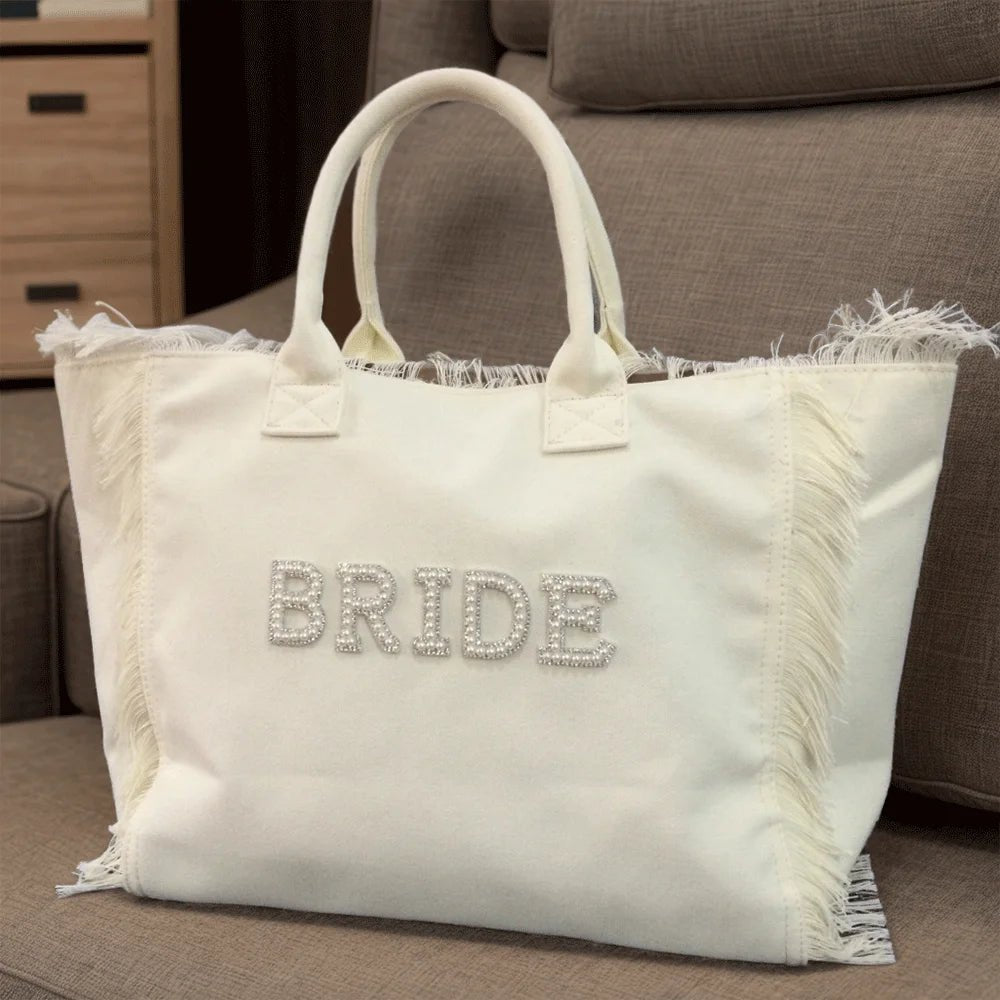 Personalised Bride Tote with Rhinestone Pearl Letters I'm Getting Married.