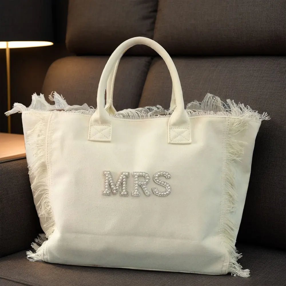 Personalised Bride Tote with Rhinestone Pearl Letters I'm Getting Married.