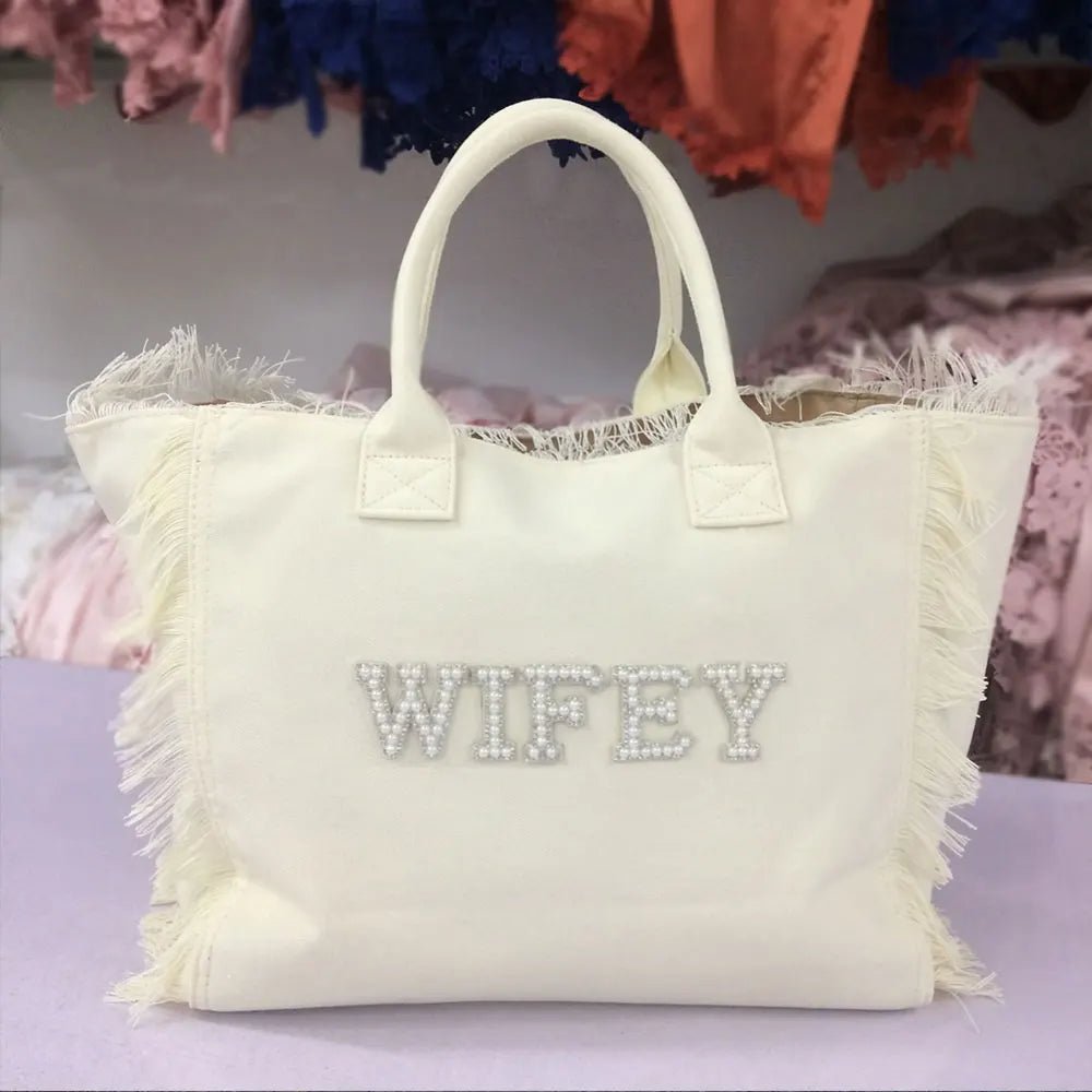 Personalised Bride Tote with Rhinestone Pearl Letters I'm Getting Married.