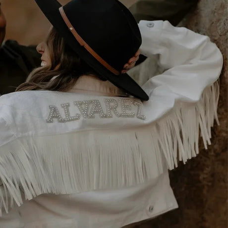 Personalised White Fringe Denim Jacket I'm Getting Married.