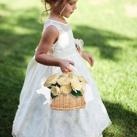 Wicker Rattan Flower Child Basket with Pearl Handle I'm Getting Married.