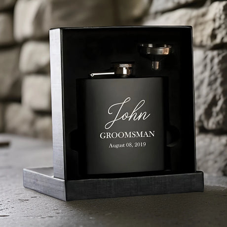 Engraved Best Men Black Hip Flask Set