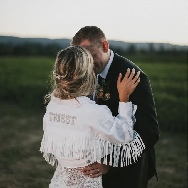 Personalised White Fringe Denim Jacket I'm Getting Married.