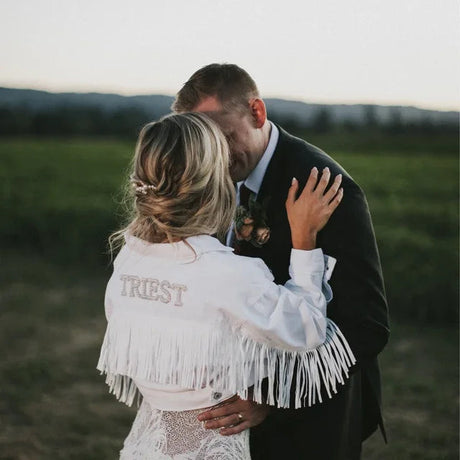 Personalised White Fringe Denim Jacket I'm Getting Married.
