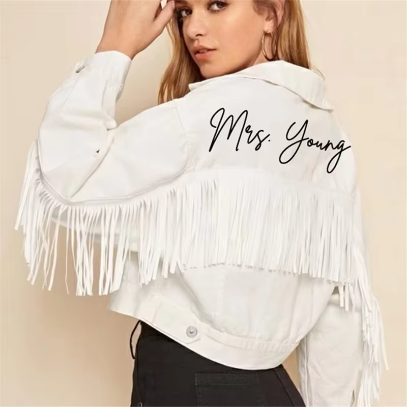 Personalised White Fringe Crop Denim Jacket I'm Getting Married.
