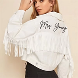 Personalised White Fringe Crop Denim Jacket I'm Getting Married.