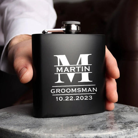 Engraved Best Men Black Hip Flask Set - I'm Getting Married