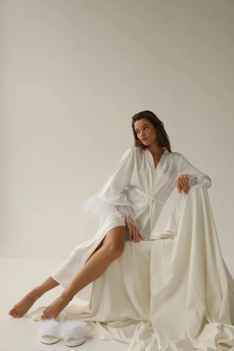 Feather Sleeve Sheer Lace Bride Wedding Robe - I'm Getting Married