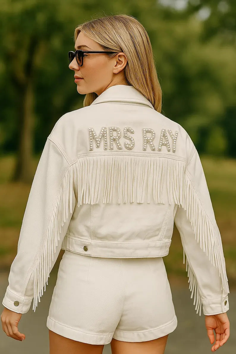 Personalised White Fringe Denim Jacket I'm Getting Married.